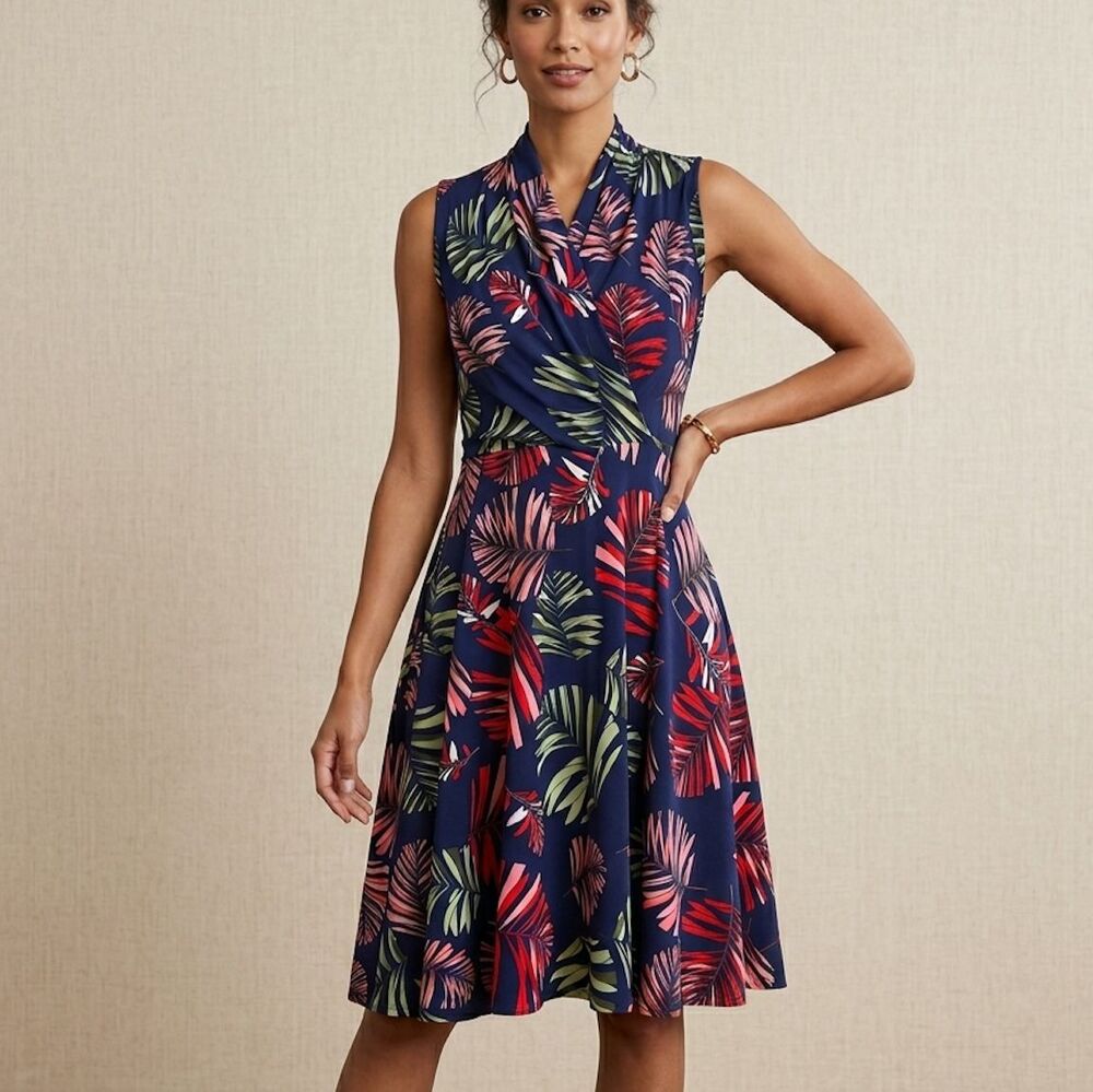 Karina Ruby Faux Wrap Dress Size S/M Tropical Palm Retro Mod Vacation Resort